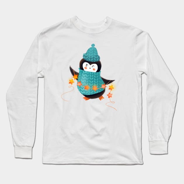 Penguin and Christmas lights Long Sleeve T-Shirt by Elena Amo